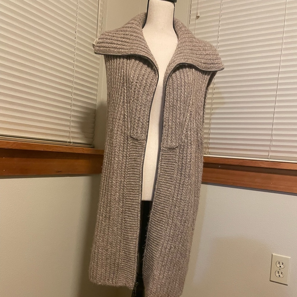 Vince Taupe Ribbed Long Open-Front Sweater Vest